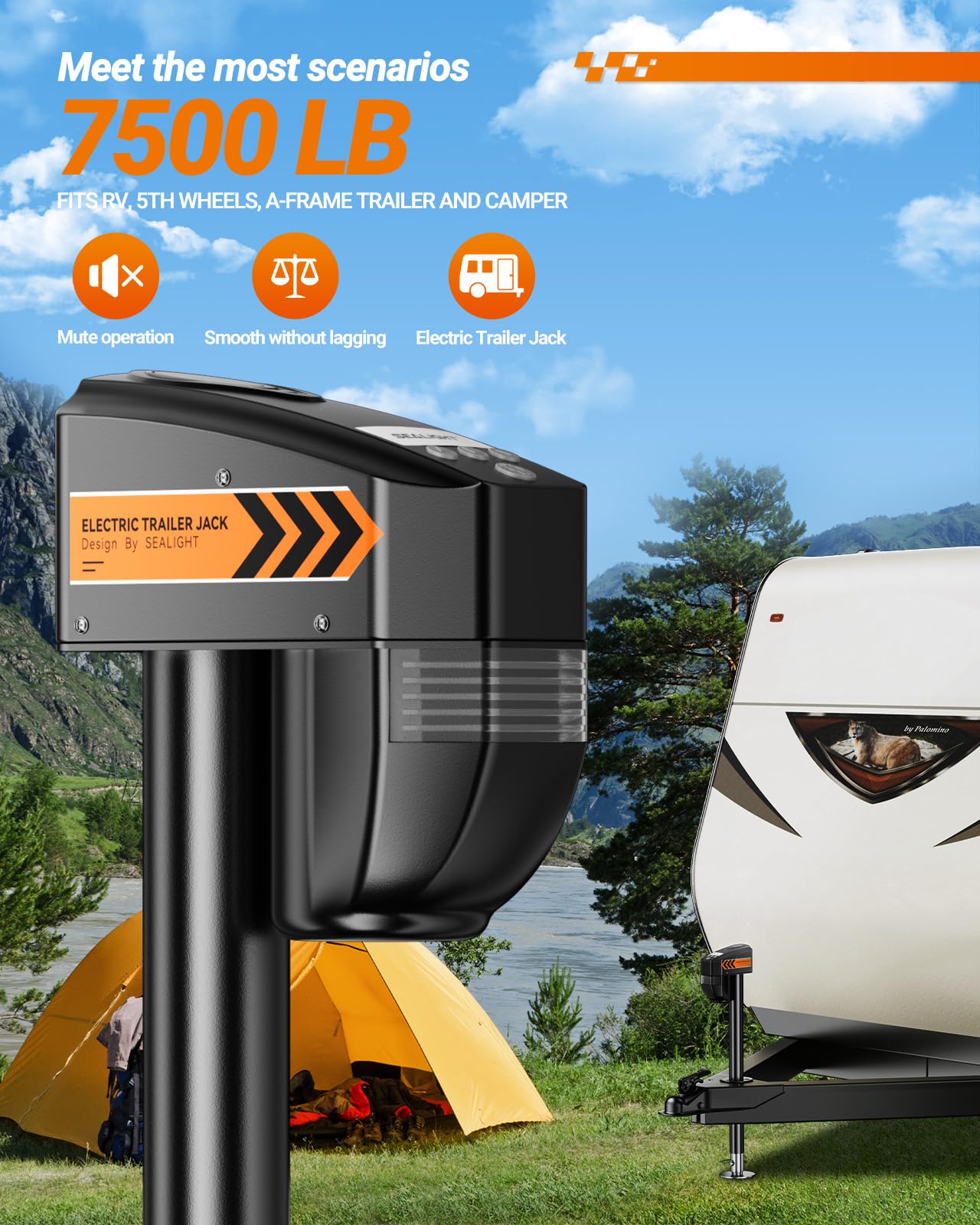 SEALIGHT 7500LB Electric Trailer Jack with Remote Control,Range up to 30 Meters，Electric Tongue Jack, 9.84“-33.85“ Lift, Power Jack for A-Frame, Utility and RV Trailer,12V DC and LED Light