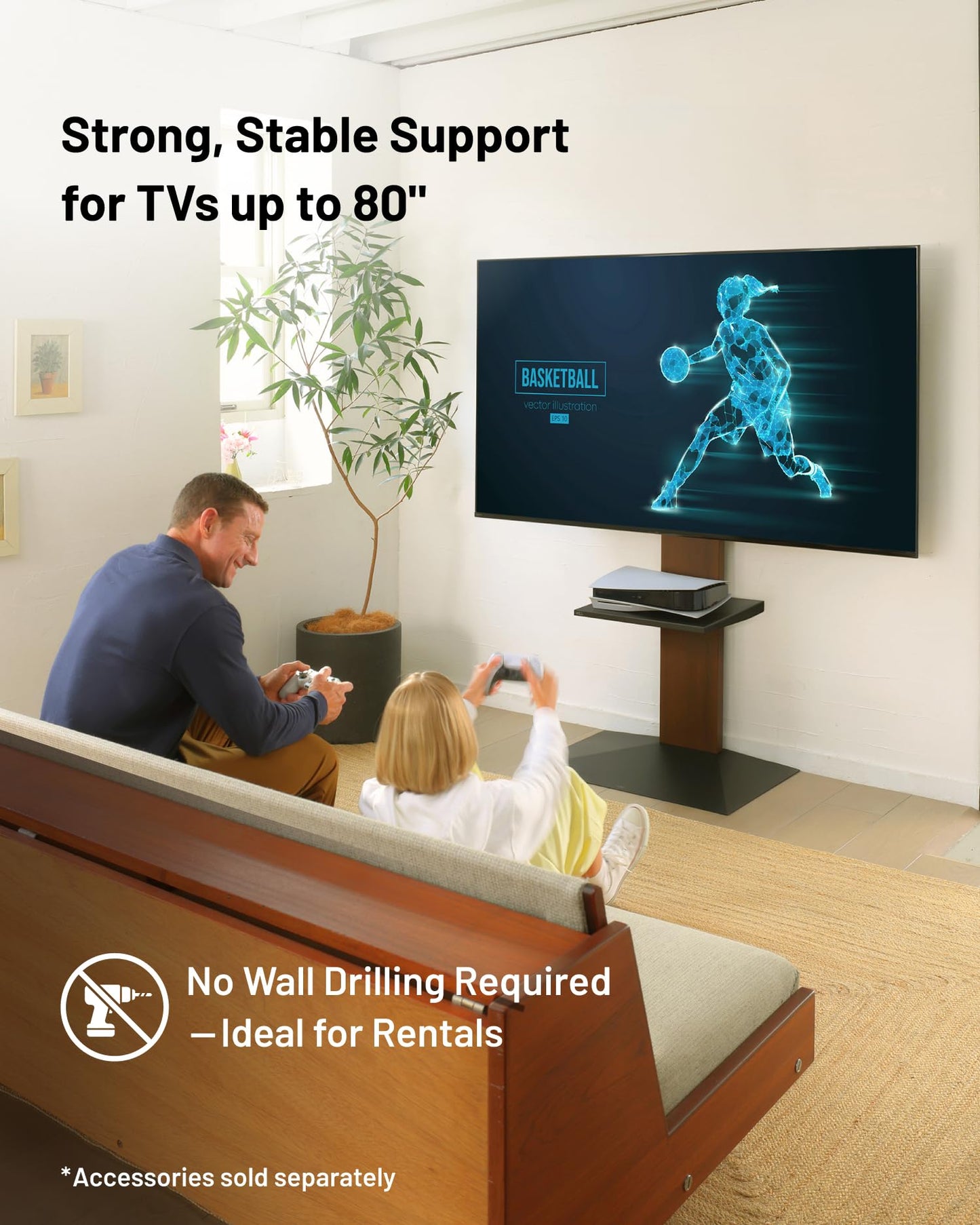 WALL V3SW High Type, Sleek Ultra-Thin Tall TV Stand for 32–80" TVs, Satin White, Swivel Function, Free Standing, Space-Saving Design, for Living Room and Bedroom, No Drill Setup, Japan-Engineered