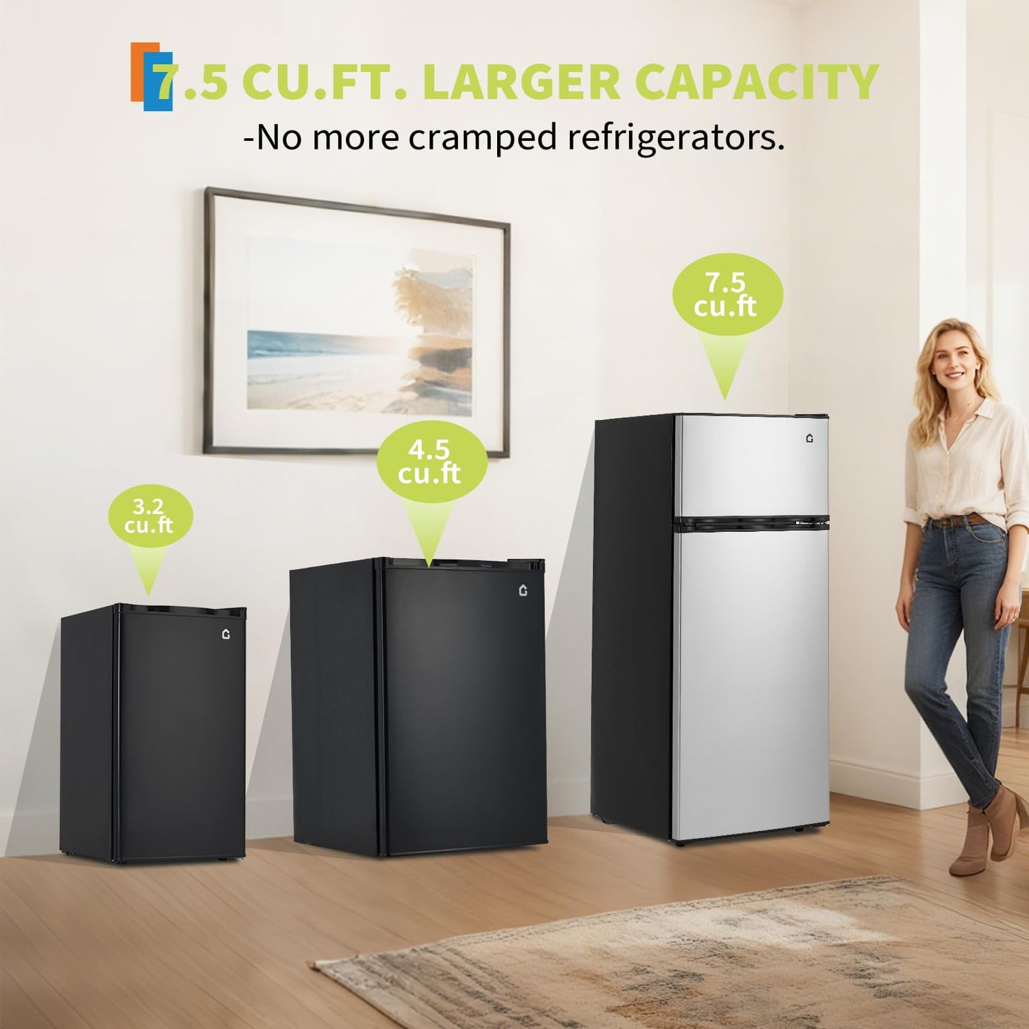 ExploreHorizon 7.5 Cu. Ft. Compact Refrigerator | Two Door Mini Fridge with Energy-Efficient & Quiet Operation | for Dorm, Office, Bedroom, Kitchen, Bar Use with Adjustable Shelves