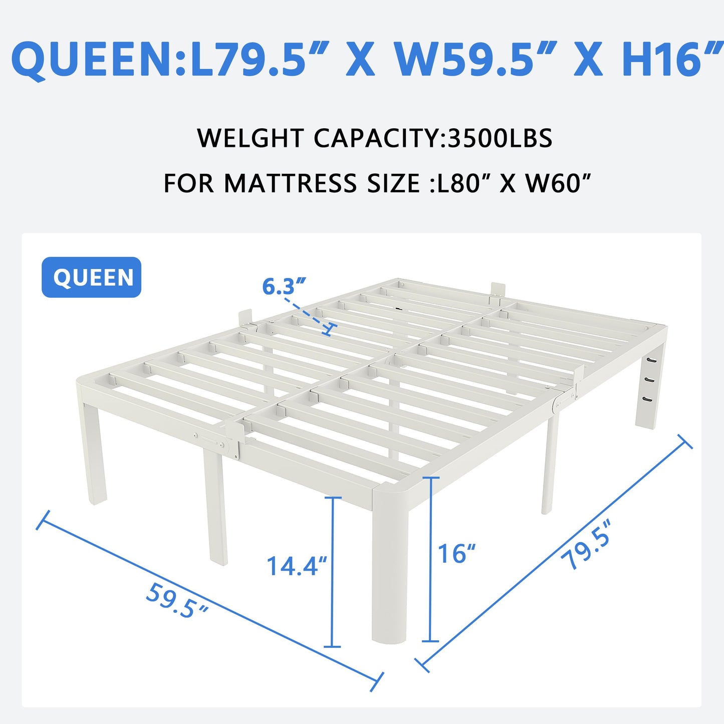 KZZLOL White Bed Frame Queen Size 16 Inch, Metal Queen Bed Frame No Box Spring Needed, Heavy Duty Steel Support 3500 LBS, DIY Headboard, Noiseless, Round Corner Legs, Storage Space, Easy Assembly
