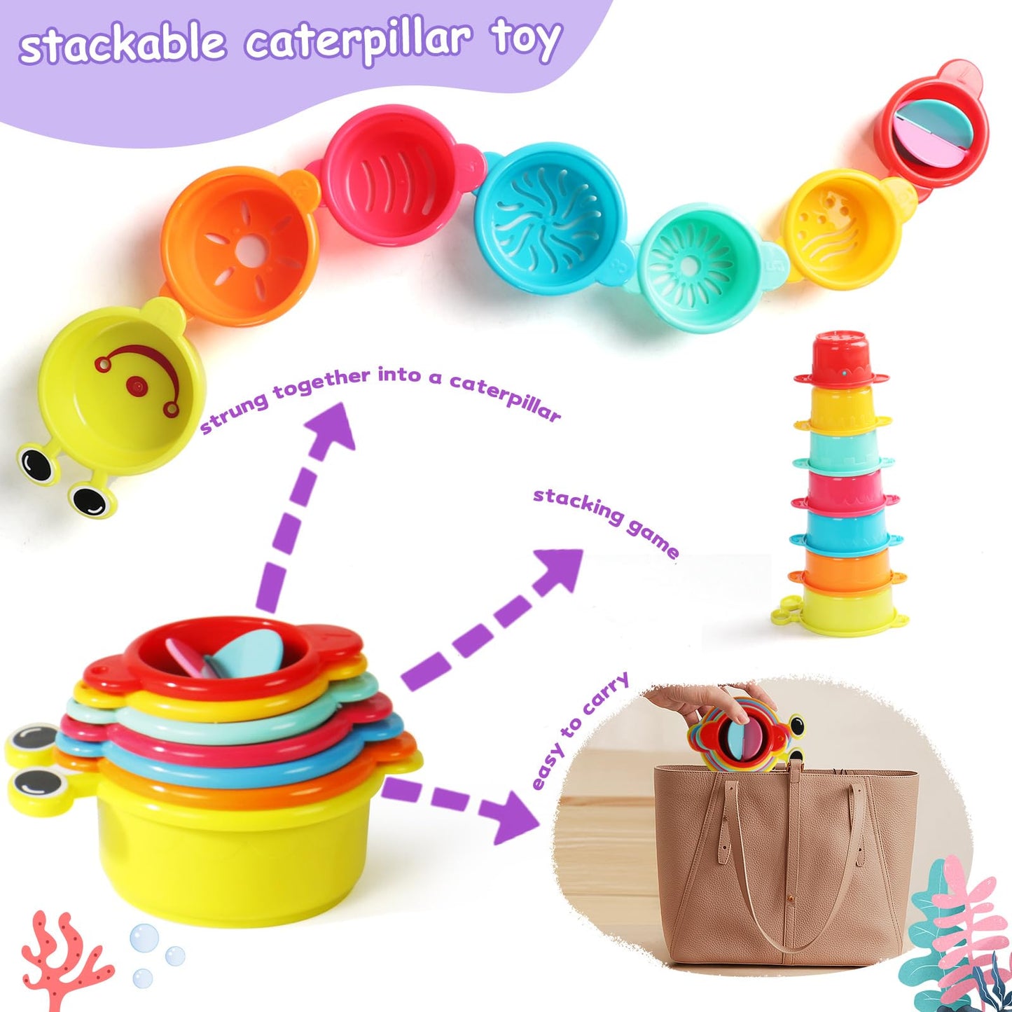 Zeewoo Baby Bath Toys for Kids Ages 1-3 Toddler Bath Toys Mold Free Bathtub Toys for 12+ Months Pool Water Table Beach Sand Toys Stacking Cups Floating Boats for 1+ Years Old Girls Boys Gifts 11 PCS