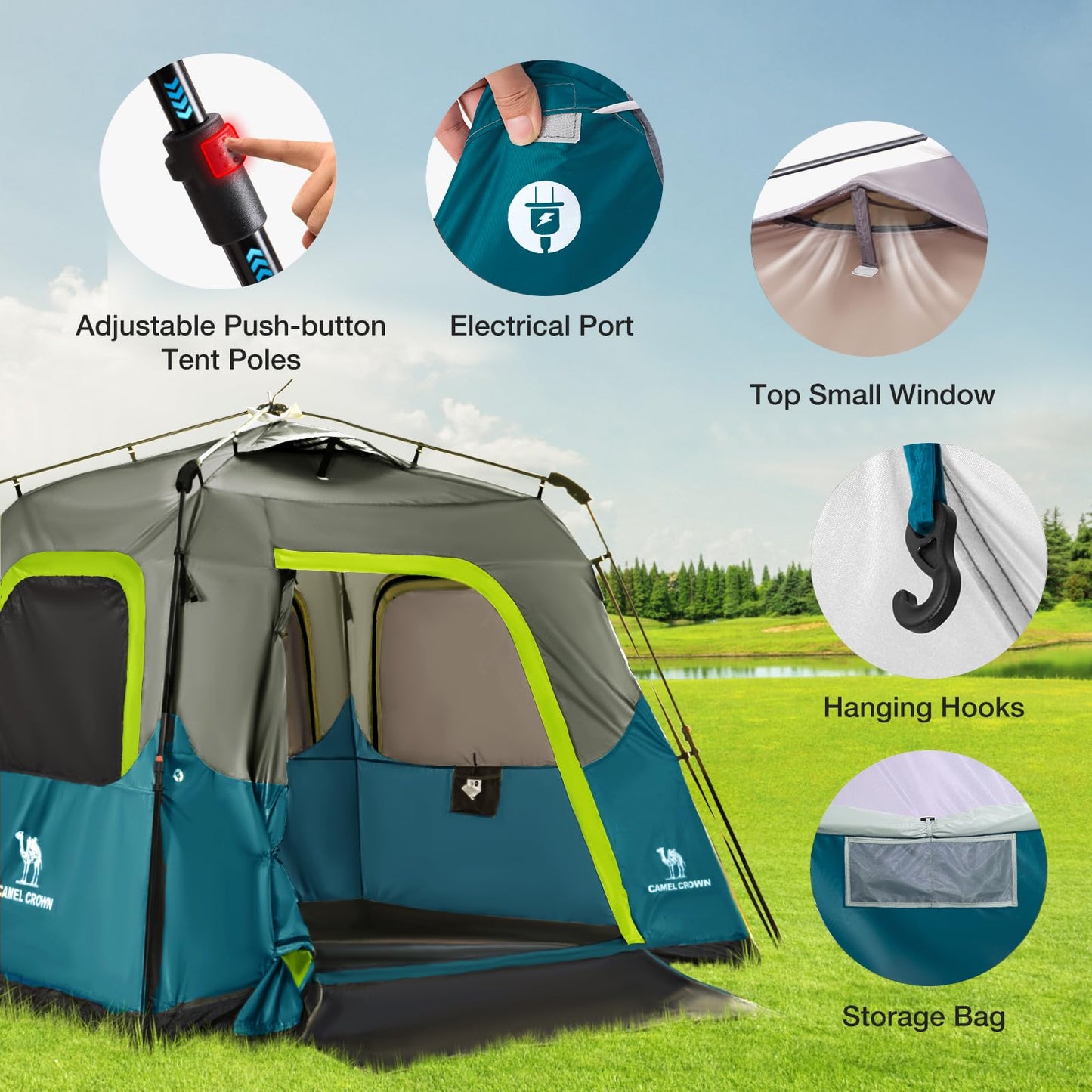 CAMEL CROWN Instant Tents for Camping 2-4 Person Tent Waterproof Easy Setup Sets Up in 60 Seconds Backpacking Tents with Carry Bag for Outdoor Hiking Ink Blue