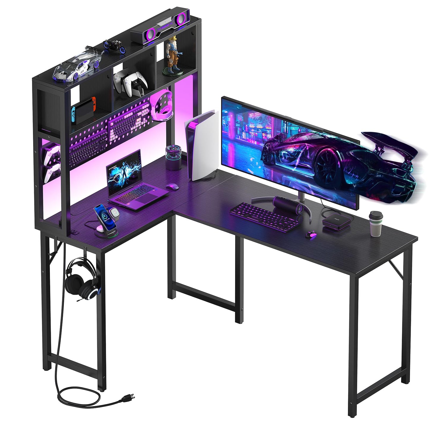 Small Black L Shaped Gaming Desk with Hutch , 47 Inch Corner Gaming Desk with Storage Shelves for Bedroom Small Space, Reversible L-Shaped Computer PC Desks with Pegboard LED Light for Kids Boys Girls