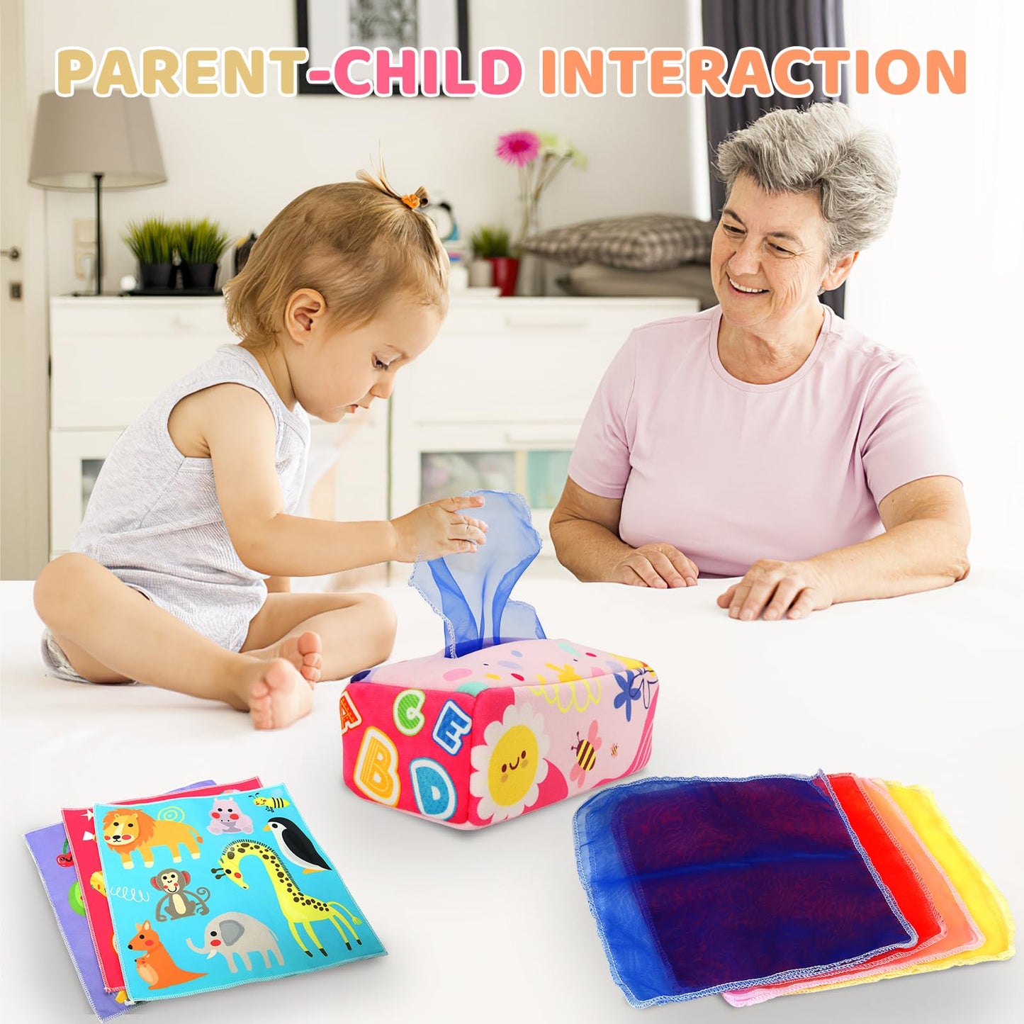 Baby Tissue Box - Montessori Toys for 6-12 Months, 1 Year Old - Soft Stuffed High Contrast Crinkle Infant Sensory Toy, Boys&Girls Toddler Early Learning Baby Gifts