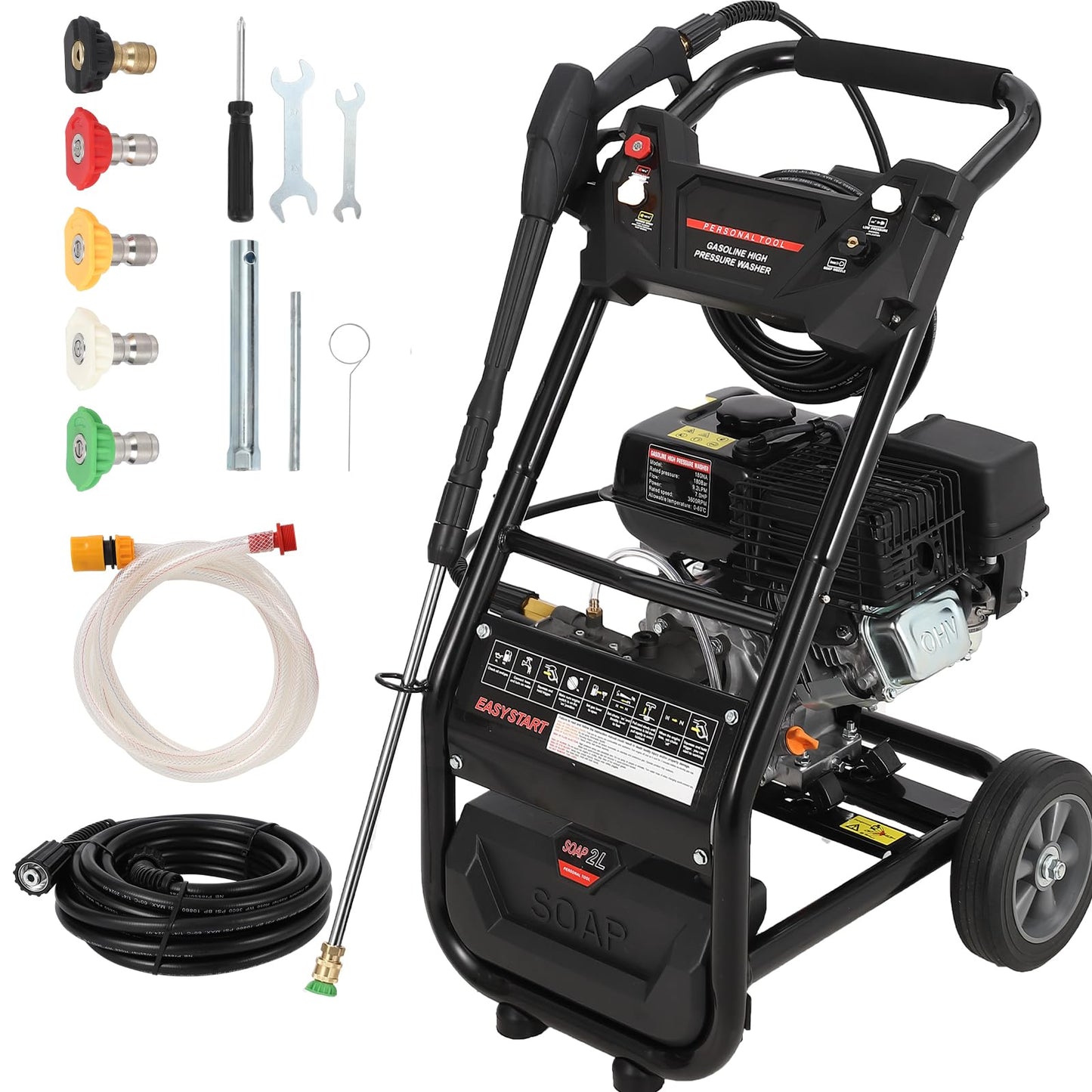 Gas Pressure Washer - 3600 PSI, 2.6 Max GPM, High Pressure Washer with 4 Quick Connect Nozzles & Soap Nozzle, Ideal for Cars, Fences, Driveways, Homes, Patios, and Furniture