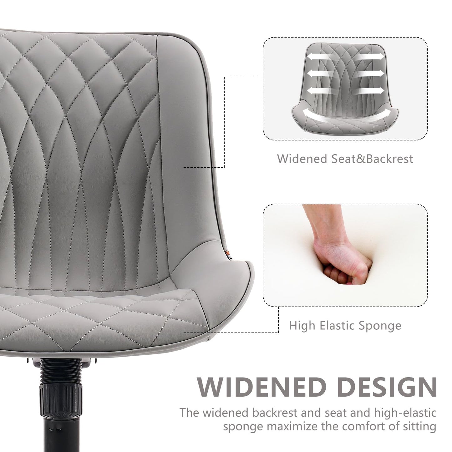 YOUNIKE Grey Ergonomic Home Office Desk Chair Armless Comfy Small Criss Cross Chair with Wheels Swivel Adjustable Modern Vanity Chair Wide Back Cute Leather Upholstered Rolling Task Chair No Arms