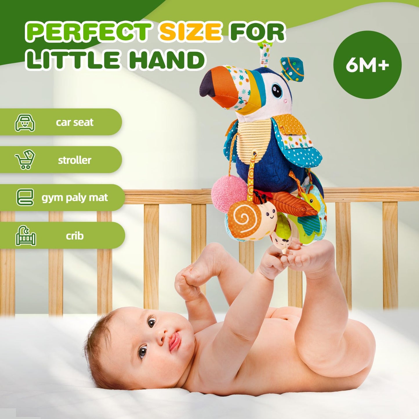 Jollybaby Musical Activity Pull String Hanging Toy for Baby Stroller Car Seat Crib Play Gym, Plush Stuffed Toucan Toy for Carseat with Music Teether Rattles, Sensory Toy for Baby Gift