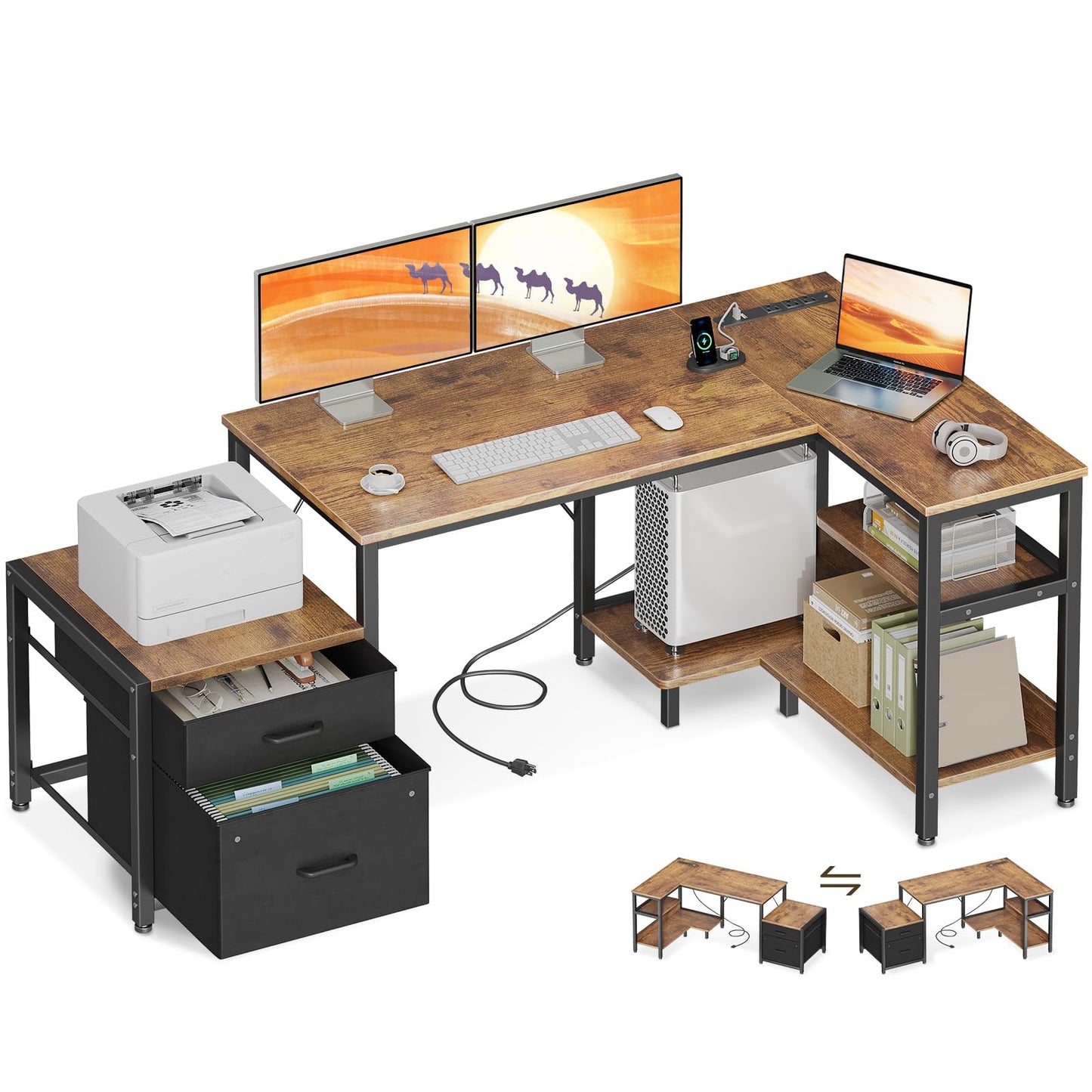 Casaottima L Shaped Desk with Drawers & File Cabinet, Reversible Computer Desk with Storage Shelves & CPU Stand, Corner Desk with Power Outlets, L Desk for Home Office, Rustic Brown