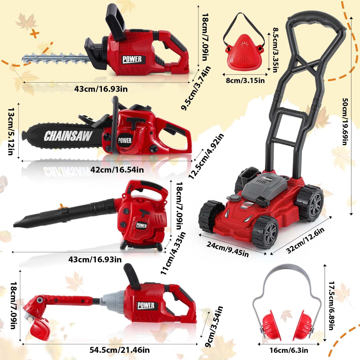 Arrowbash Kids Lawn Mower Toy Set 7 Pcs Electric Garden Tools with Leaf Blower, Chainsaw & Trimmer – Summer Outdoor Toys for Boys Girls Birthday Gifts