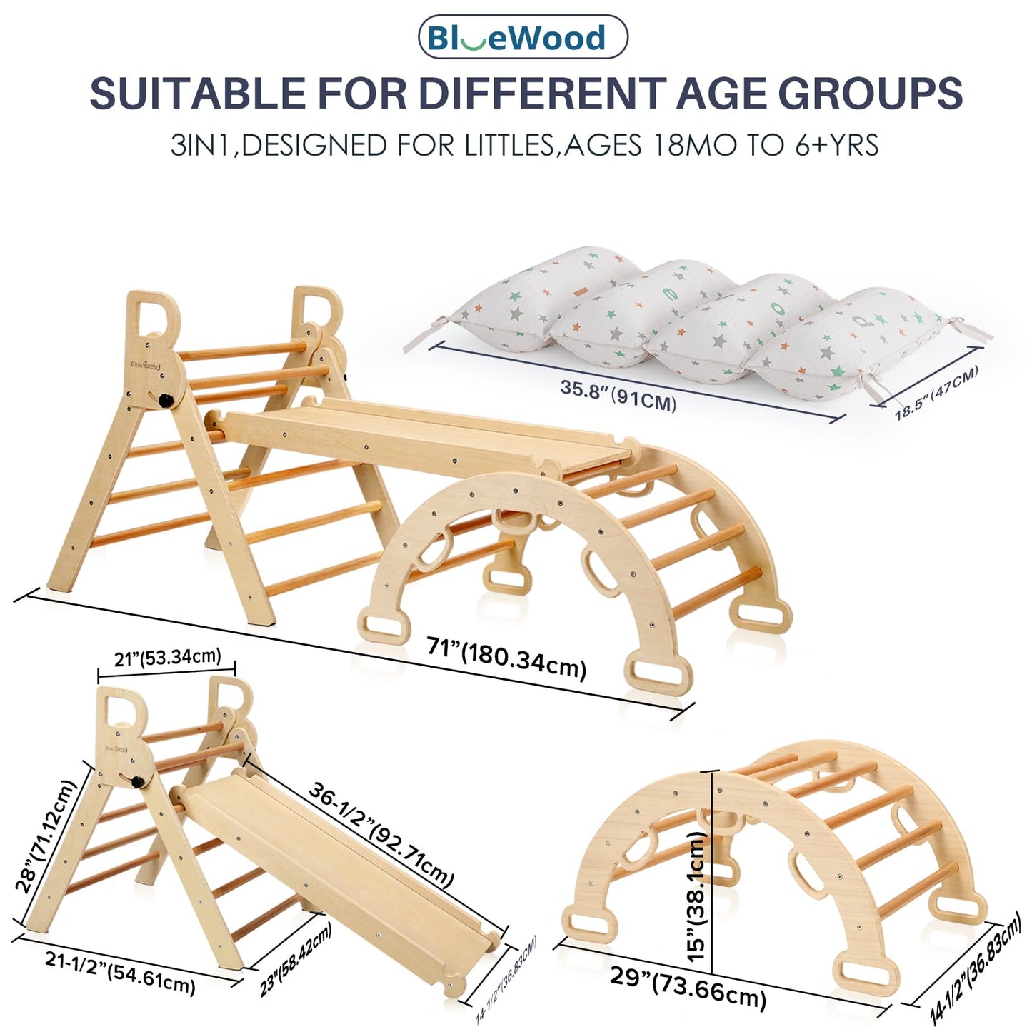 BlueWood Pikler Triangle Set with Cushion, 8-in-1 Foldable Wooden Toddler Climbing Toys Indoor Playground Jungle Gym Montessori Philosophy Climber for 2-6 Years Old, Baby, Kids (Natural Wood)
