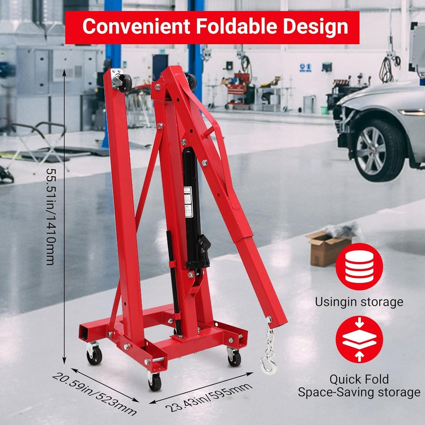 EliteEdge 2-Ton Folding Engine Hoist Cherry Picker 4400 Lb Capacity Hydraulic Shop Crane with Telescoping Boom 6 Caster Wheels for Automotive Repair Garage Use Includes Hitch and Storage Stand Red