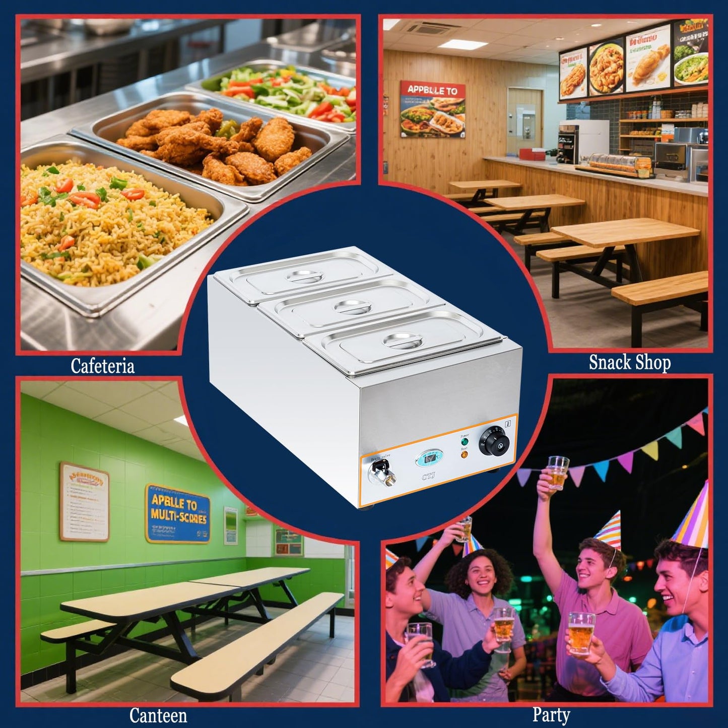 CTJ 3-Pan Commercial Food Warmer - 1500W Electric Steam Table Food Warmer 3x5.3 QT Stainless Steel Bain Marie, with Drain Faucet, Buffet Countertop for Home, Catering, Parties, Restaurants