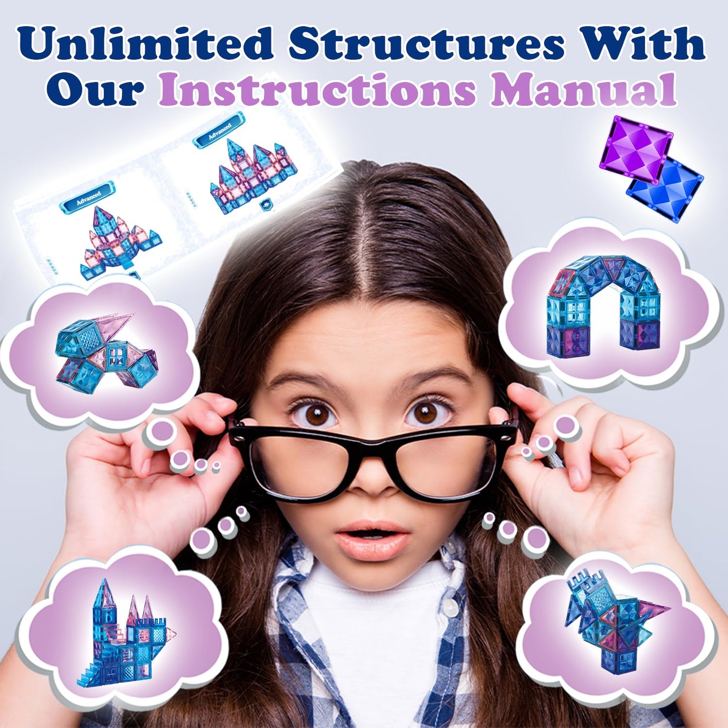 Little Pi 102pcs Frozen Princess Castle Magnetic Tiles Building Blocks - 3D Diamond Blocks, STEM Educational Toddler Toys for Pretend Play, 4 Year Old Girl Birthday Gifts Kids Ages 3 5 6 7 8 - Blue