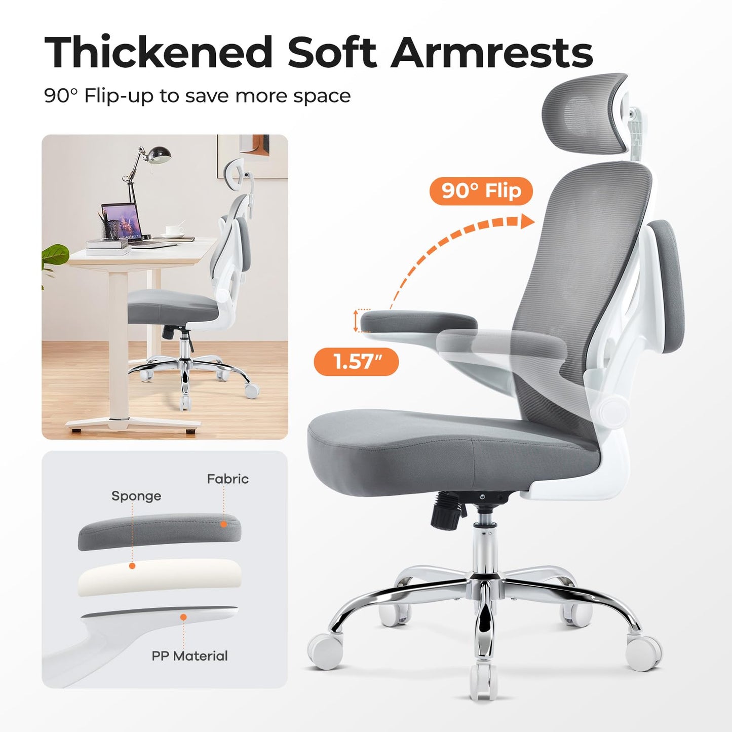shipborne Office Chair Ergonomic Office Chair with Lumbar Support, Head Support, Rocking Function, FILP-up Armrests, Mesh High Back Chair Home Office Desk Chair, Suitable for Home, Office, Grey