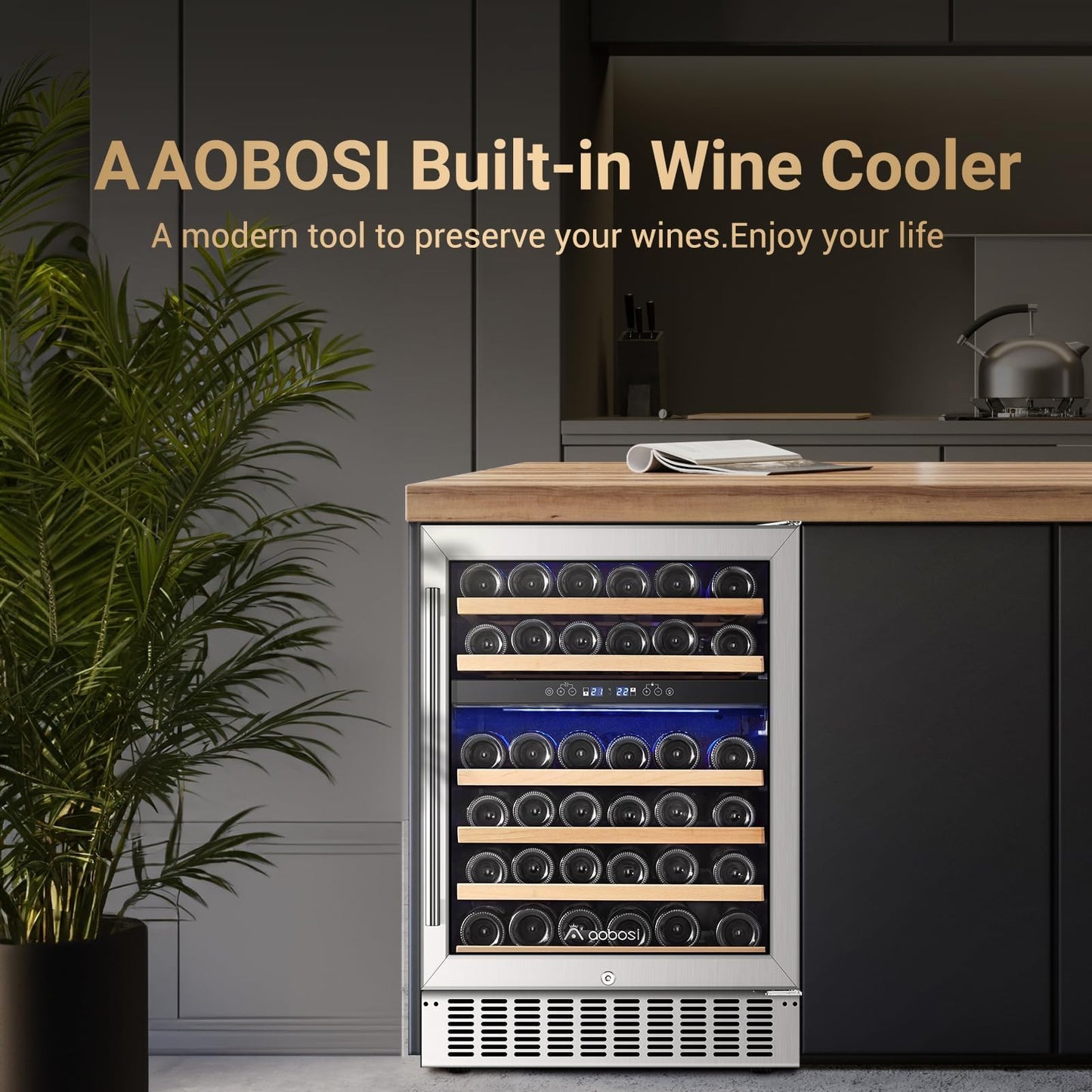 AAOBOSI 46 Bottles Wine Fridge, 24 Inch Wine Cooler with Dual Zone, Freestanding and Built-in Wine Refrigerator with Blue LED Light and Adjustable Shelves