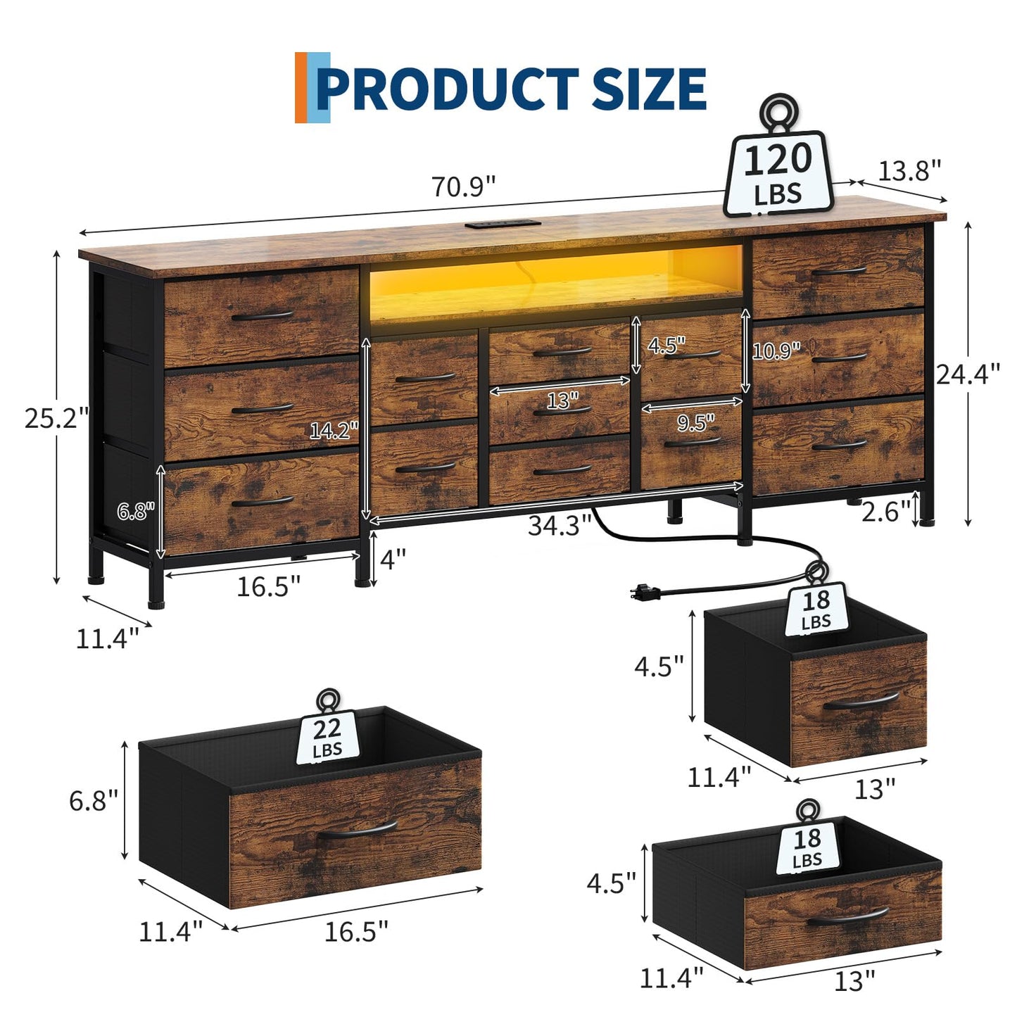 LED TV Stands for Living Room, 70 Inch Dresser TV Stand for 65, 75, 80 Inch TV,TV Stand with Storage, Entertainment Center with Power Outlets, 13 Drawer Fabric Dresser for Living Room, Bedroom