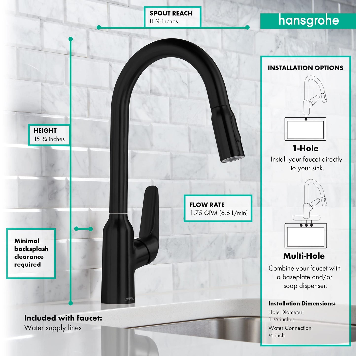 hansgrohe Focus N Black High Arc Kitchen Faucet, Kitchen Faucets with Pull Down Sprayer, Faucet for Kitchen Sink, Matte Black 71800671