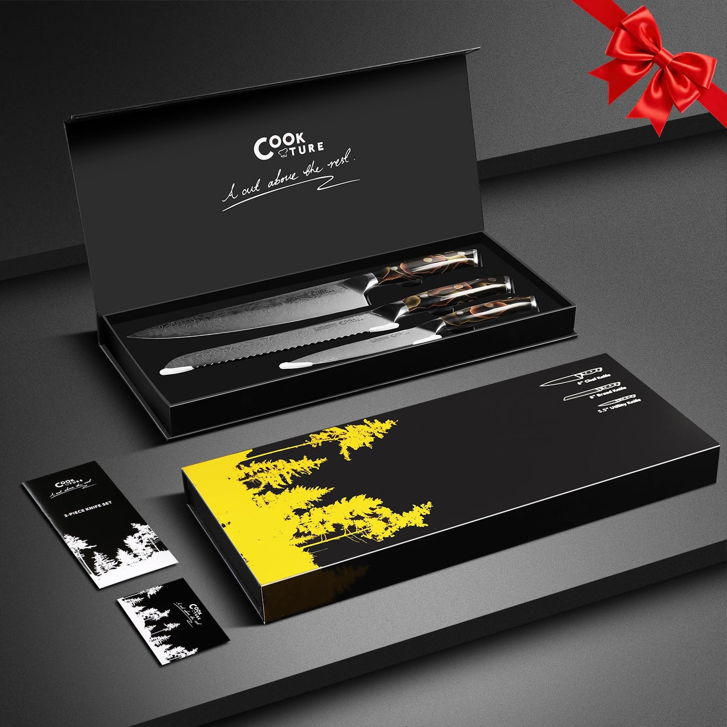 Damascus Chef Knife 3pcs, Professional Japanese Kitchen Knife with High Carbon Steel Core, Ergonomic Resin Handle, Leather Sheath & Luxury Gift Box - Ideal Gift for Men Women