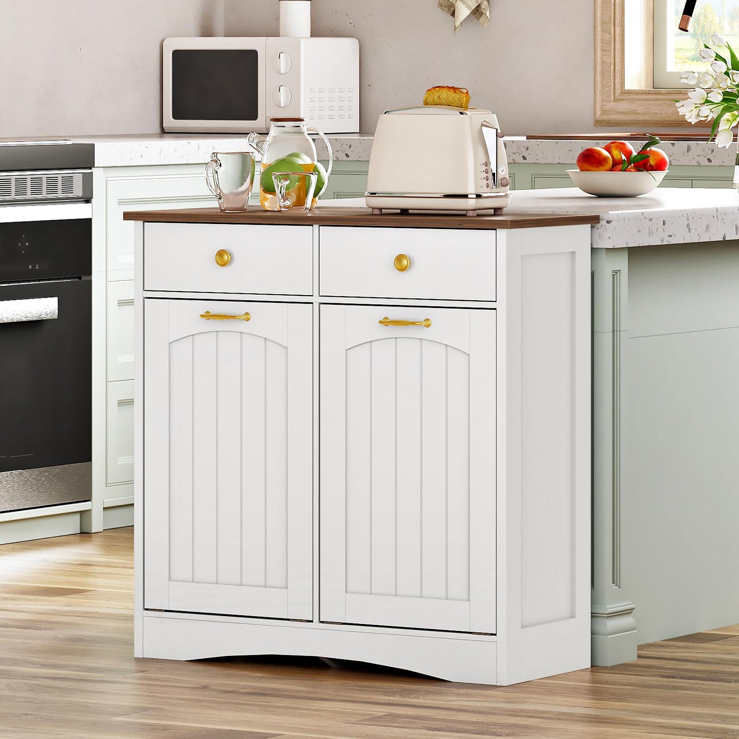 HOOBRO Double Tilt Out Trash Can Cabinet, Hidden Trash Bin Storage with 2 Drawers, Freestanding Kitchen Island Cabinet, for Kitchen, Laundry Room, White and Walnut WH22LJ01US