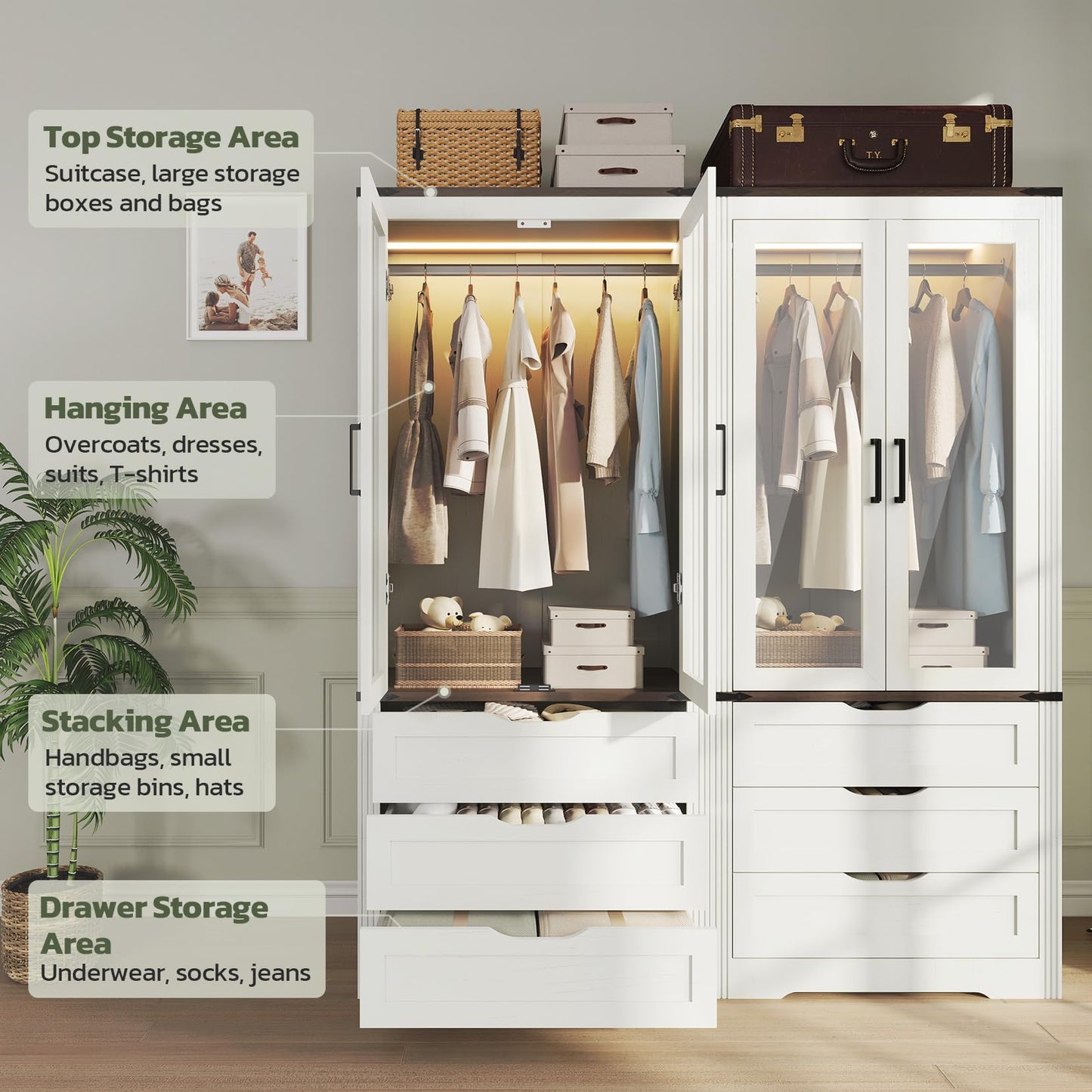 Concho 73'' Tall Farmhouse Armoire Wardrobe Closet with LED Light, Wood Wardrobe Closet with 2 Doors 3 Drawers, Freestanding Bedroom Armoire Clothing Storage Cabinet, White