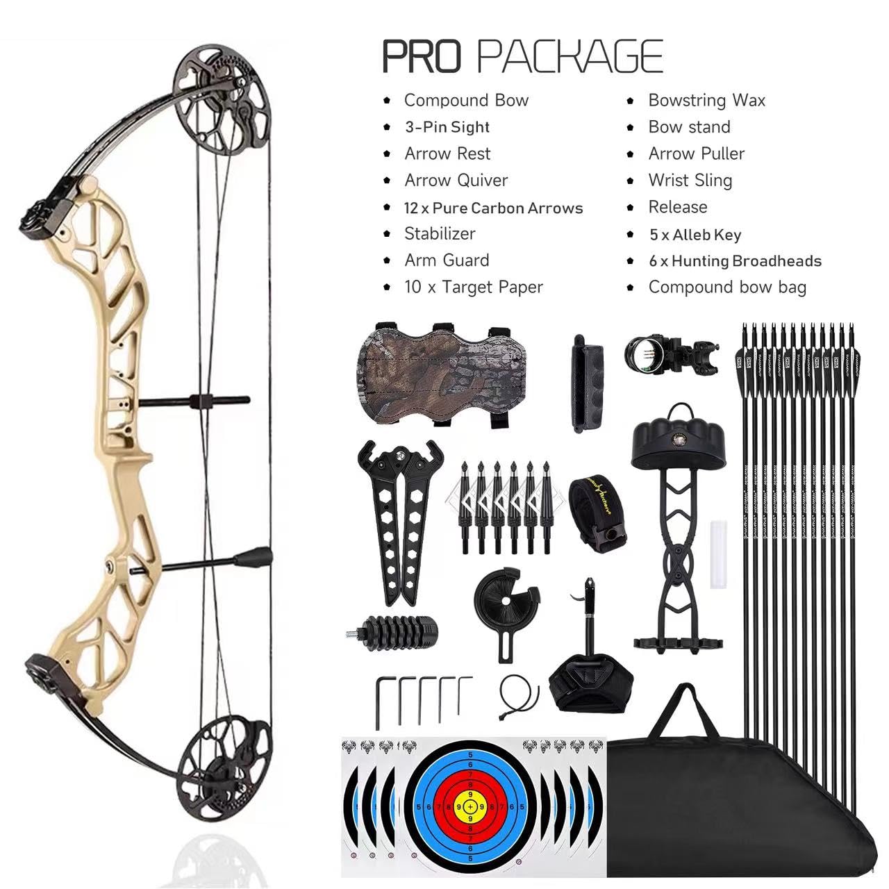 PANDARUS Compound Bow Package for Adults and Teens,19-70 Lbs Draw Weight Adjustable,19"-30" Draw Length,Limbs Made in USA,Archery Bow and Arrow Set,up to 320 fps, Let Off 75%2024 New(BLACKPRO)