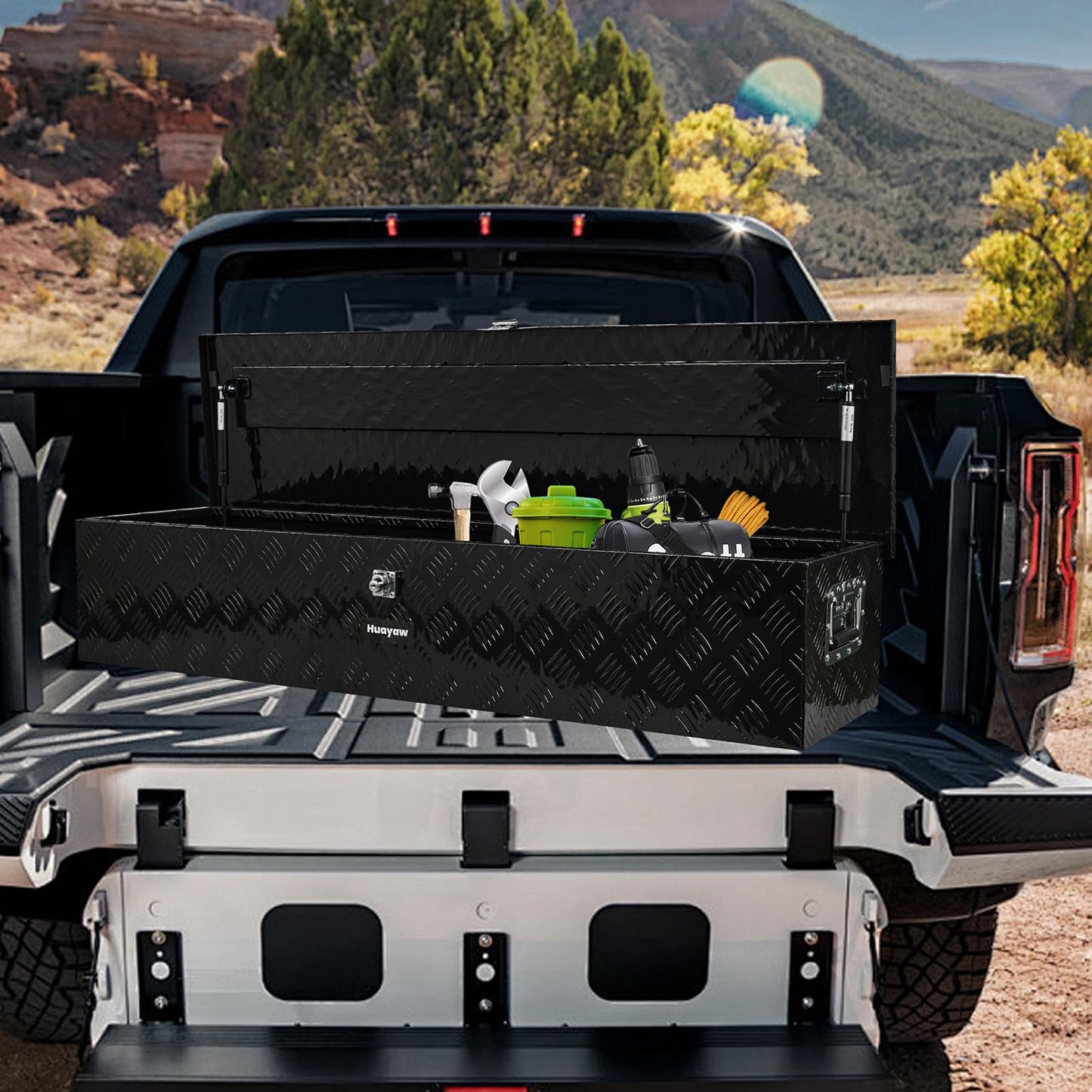 Aluminum Truck Tool Box, Heavy Duty Waterproof Truck Storage Organizer, Pickup Truck Bed RV Trailer with Side Handle, Lock and Keys (Black, 49-INCH)