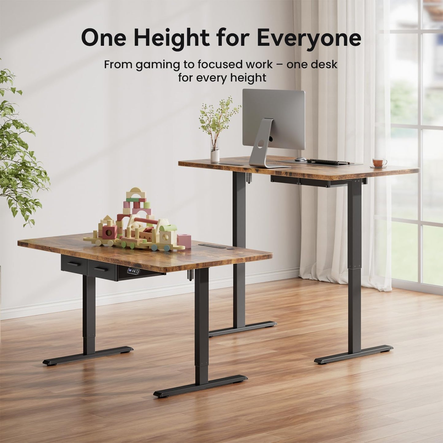 HLDIRECT Electric Standing Desk, 47 x 31.5 Inches Height Adjustable Table with Outlets, Sit Stand Computer Desk with Drawers for Home Office, Ergonomic Rising Workstation, Rustic Brown