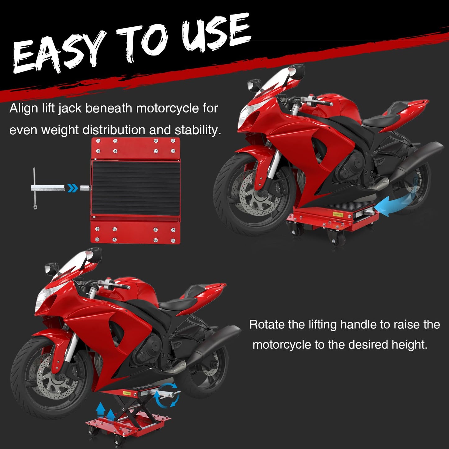 Garvee Motorcycle Lift Jack with Wheels, 1200 LBS Transmission Motorcycle Stand Scissor Jack with Wide Deck & Dolly, Thickened Rubber Pad Dirt Bike Stand Lift for ATV, Bike, Street Cruiser Bikes