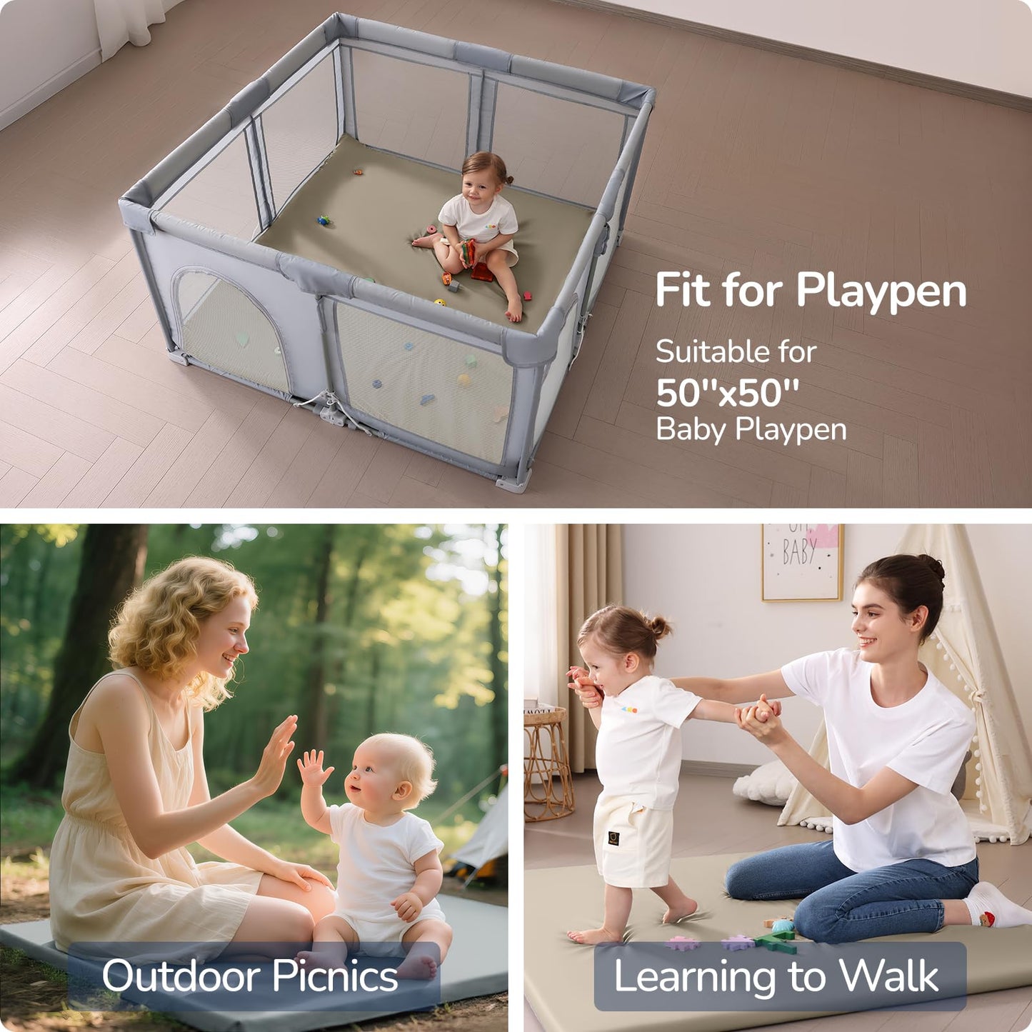 Baby Play Mat for Floor,50"x50" Vegan Leather Playpen Mat,1.3'' Thick Memory Foam Padded Play Mat,Cushioned & Waterproof Play Mats,Non Slip Crawling Playmat for Toddlers,Infants,Kids