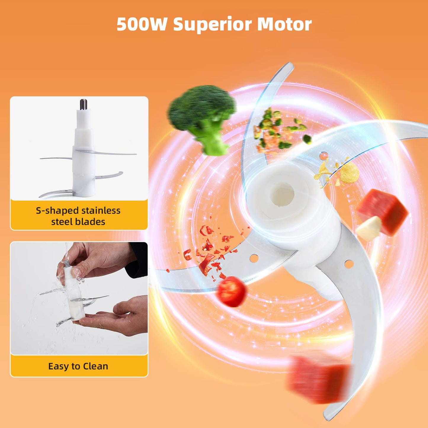 COOKZHOM Food Processor,Electric Food Chopper with 500W Stainless Steel Motor & 4 Sharp Blade Sets,8-Cup Glass Bowl for Meat, Vegetables, Fruits and Nuts