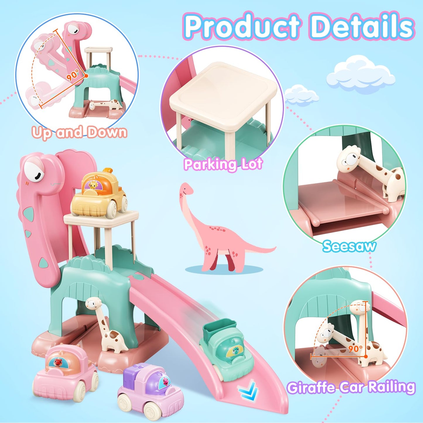 CRATIVWOOD Dinosaur Car Ramp Slide Toy for Toddlers — 4 Push Cars with Race Track, Baby Slide Indoor Toy, Montessori Learning Birthday Gift for Boys Girls 1 2 3 Year Old (Pink)