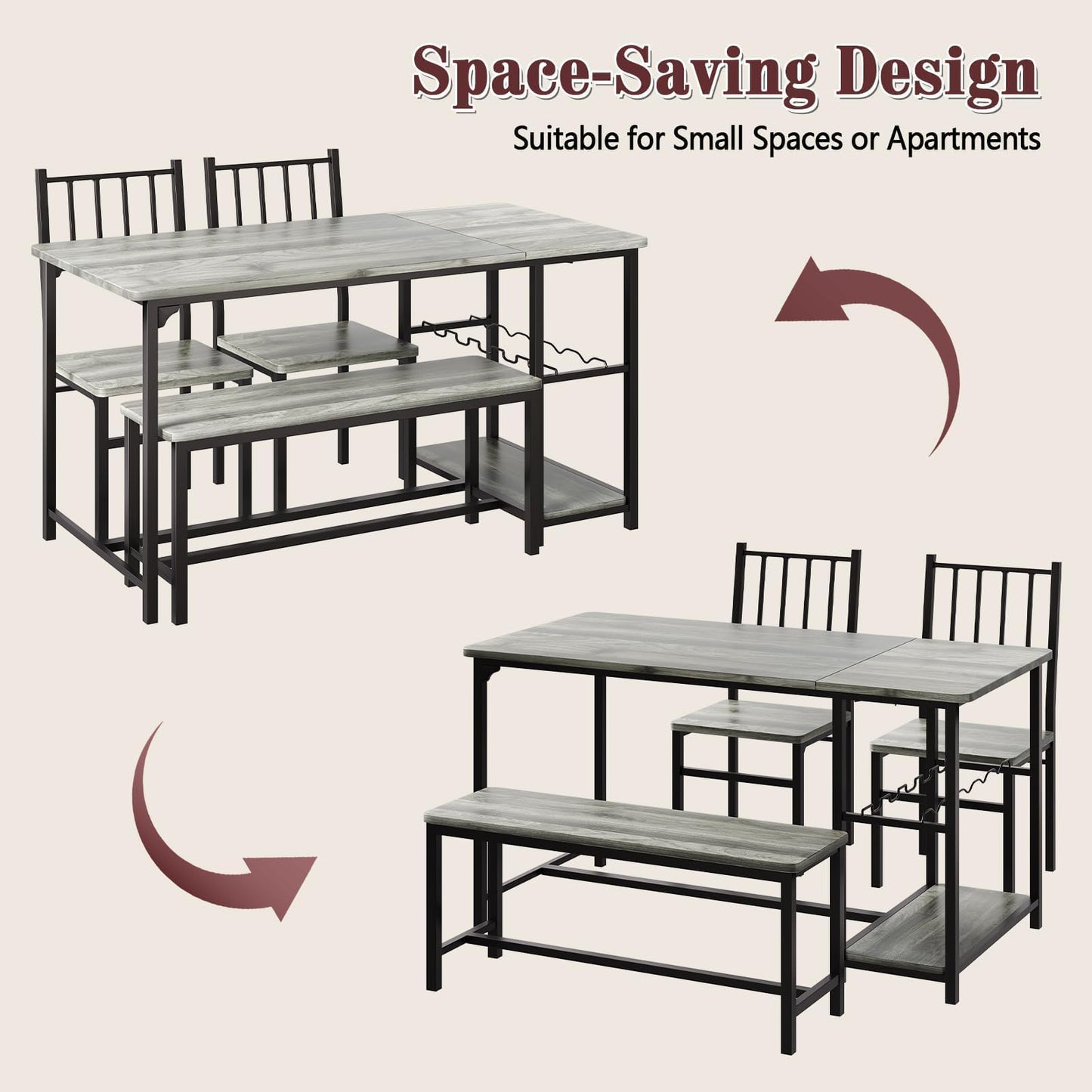 4 EVER WINNER Dining Table Set for 4, 55" Kitchen Table Set with Storage Shelf, Wine Rack & Wine Glasses Holder, Breakfast Table Set for 4 with Chairs and Bench for Dining Room, Kitchen, Wash Grey