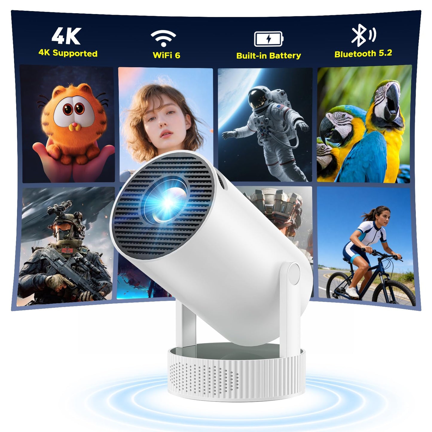 Projector with WiFi and Bluetooth, Mini Projector with Battery Supported 4K, Auto Keystone WiFi 6 Bluetooth 5.2 220° Rotation 3.5Hrs Portable Projectors, Smart Projectors for Bedroom Outdoor Movie