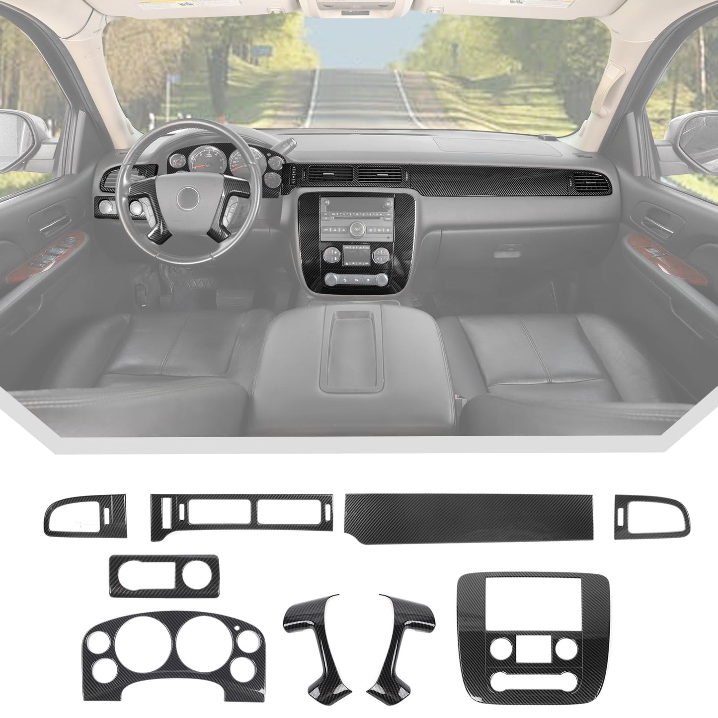 JeCar 9pcs Carbon Fiber Interior Trim Accessories for 2007-2013 Chevy GMC Sierra & GMC Yukon & Tahoe & Suburban & Avalanche - Dash Cover Interior Upgrade Kit