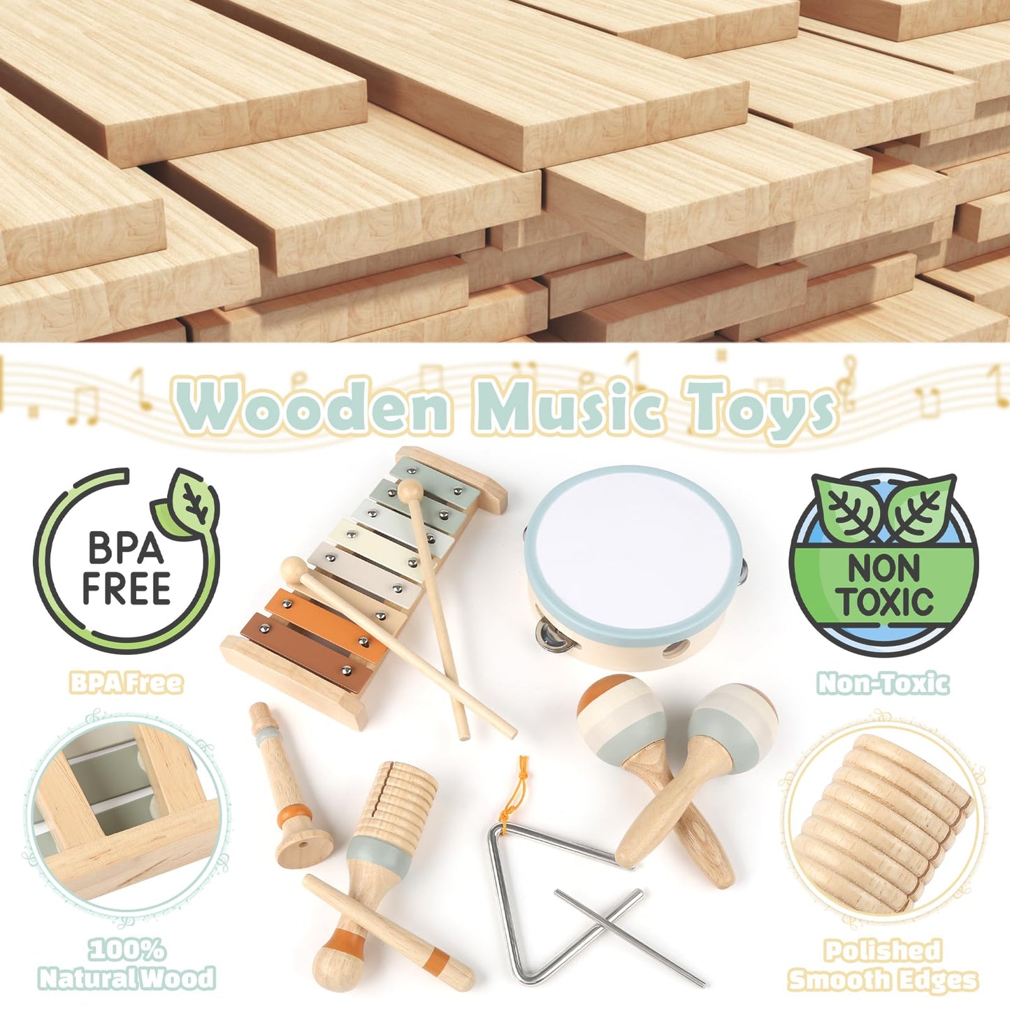 Musical Instruments - 6 in 1 Wooden Musical Toys for 2 3 Year Old Boy & Girls Birthday Gifts, Neutral Colors with Modern Boho Xylophone for Toddler Preschool Educational Toy for Baby 18+ Months
