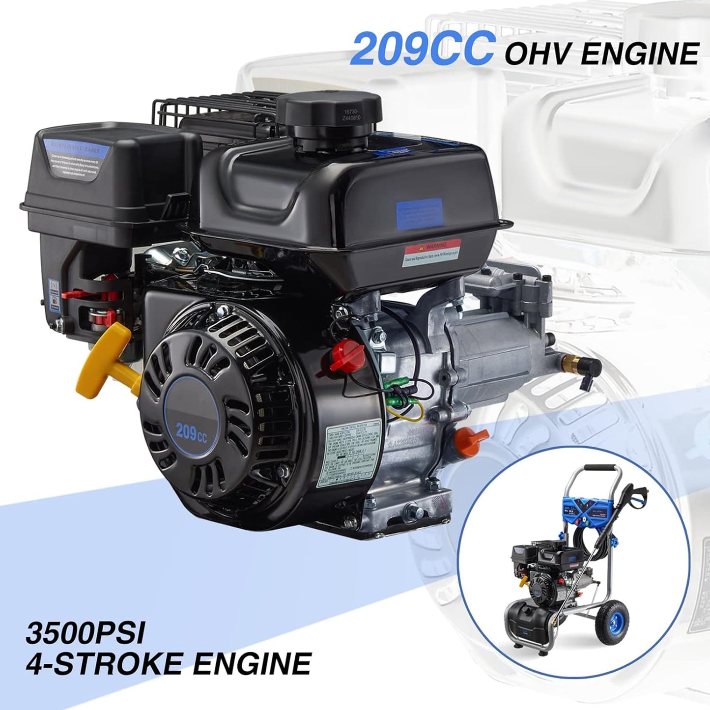 MUTAOMAY 3500PSI Gas Pressure Washer, 2.3GPM Gas Powered High Pressure Washer with 209CC Engine, 4 Adjustable Nozzles, 25 ft High Pressure Hose for Cleaning Walls, Terraces, Vehicles, Garden (Blue)
