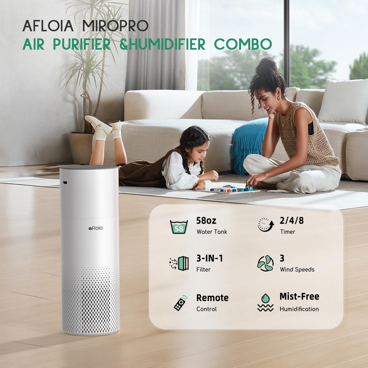 Afloia Humidifier and Air Purifier in One, Air Purifier and Humidifier Combo for Home, 22dB| 7 Colors Light Air Purifiers 2 in 1, Quiet Air Cleaner Removing 99.99% Smokers Odor and Pollen for Bedroom