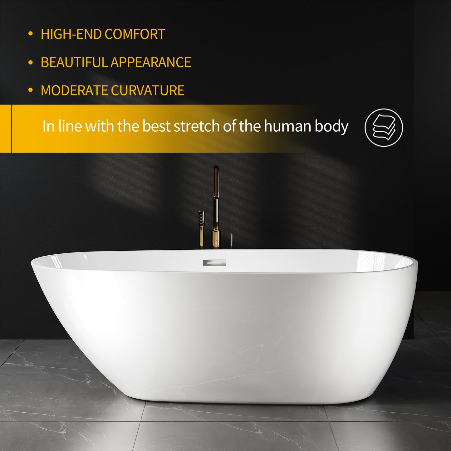 67" Deep Soaking Bathtub, Non-Slip Acrylic Tub with Chrome Drain, cUPC Certified, Ergonomic Modern Bath for Bathrooms, Easy-Install, White Pearl