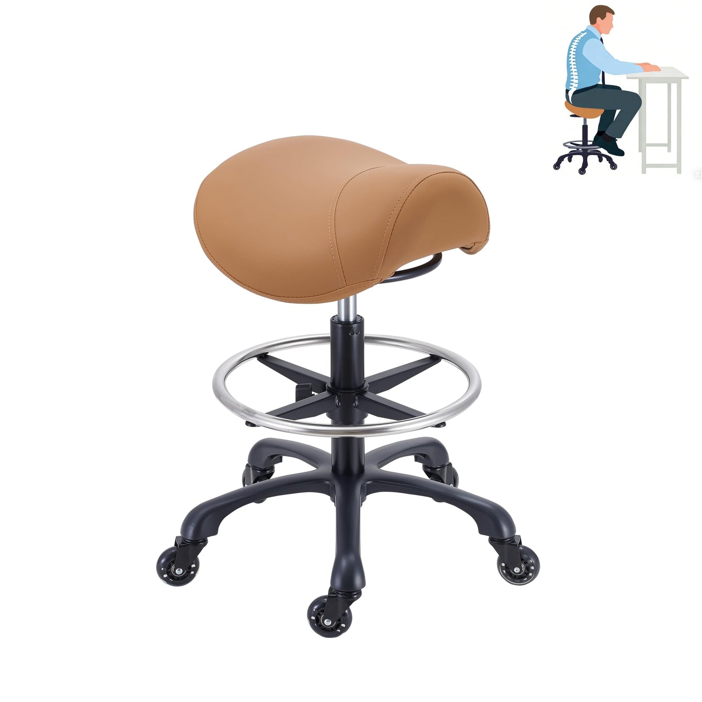 Coczeb Saddle Salon Stool with Footrest,Heavy Duty, Adjustable Height, Rolling Esthetician Chair for Tattoo Spa Medical Dentist Clinic(Brown)
