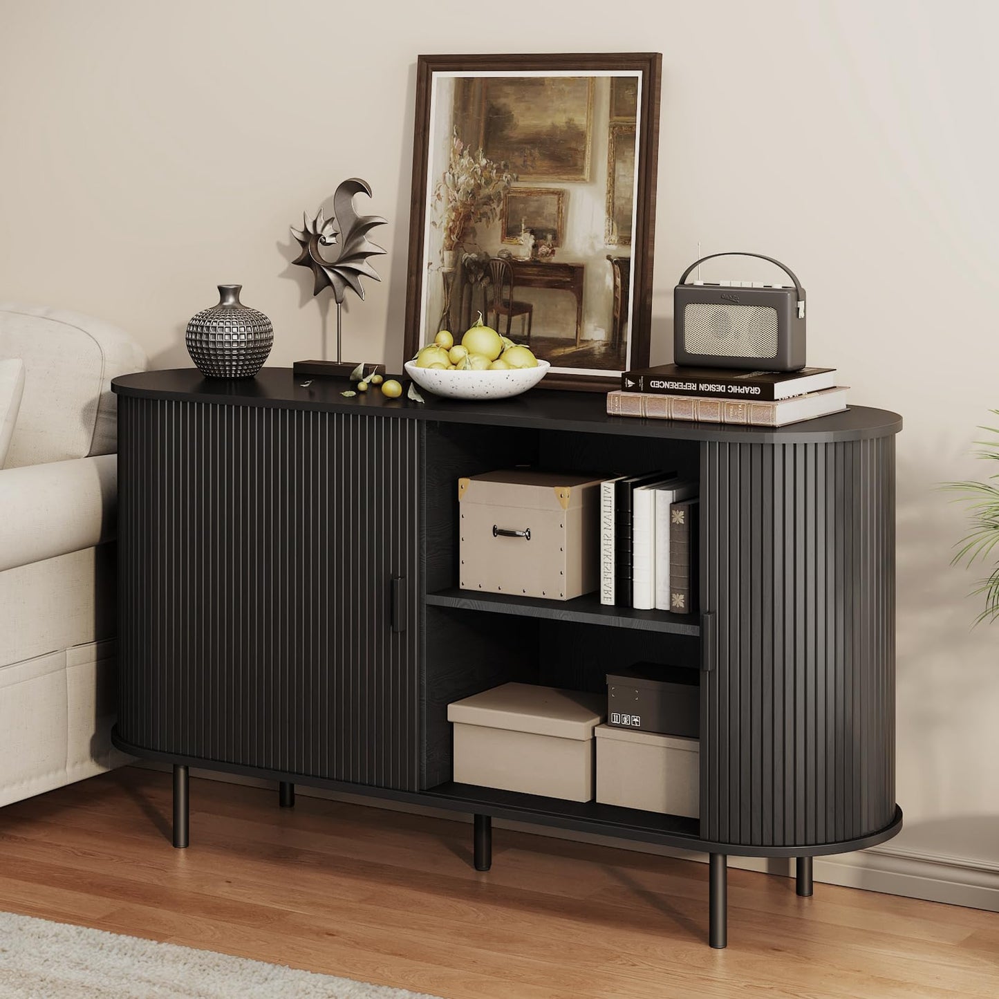 Buffet Sideboard Cabinet with Storage, 55" Fluted Cabinet with Sliding Door & Adjustable Shelf, Modern Accent Coffee Bar Console Table for Kitchen, Entryway, Black