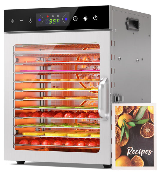 HOPERAN Food Dehydrator Machine with 12 Stainless Steel Trays – Digital Timer & Adjustable Temp Control for Jerky, Herbs, Fruits | Overheat Protection, BPA-Free, Includes Recipe Book