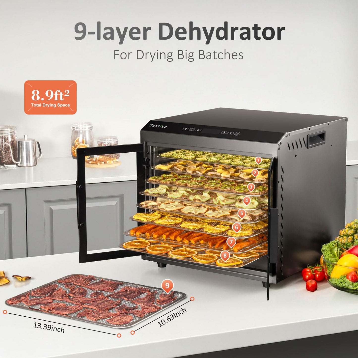 Septree Beef Jerky Dehydrator Machine, 9 Large Trays Double Door Food Dryer for Herbs, Fruit, Pet Treats, Heavy Duty Design with Digital Timer, 1000W Fast Drying Dehydrators for Home, Gunmetal Gray