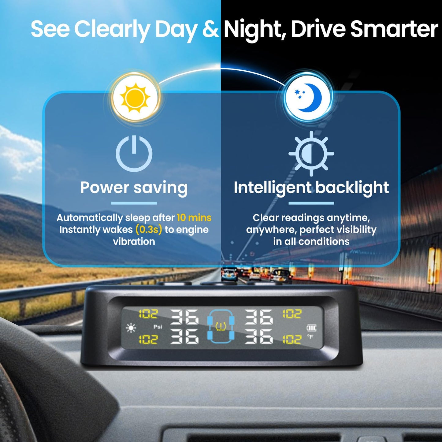RV Tire Pressure Monitoring System 4-Wheel, Wireless Tire Pressure Monitoring Systems with 4 Sensors & 6 Alarm Modes, Solar/USB Charging, TPMS for RV Truck SUV w/ 10 Tire Repair Rubber Nails