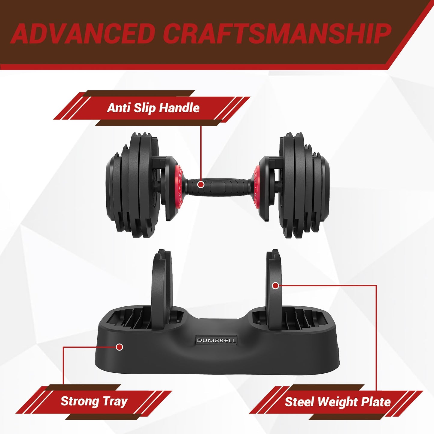 PeacefulHues 56LB Adjustable Dumbbell Set 1PC – Fast Adjust 18-in-1 Free Weights – Non-Slip Handle – Compact, Space-Saving Home Gym Strength Training Equipment for Men & Women – Full Body Workout, Red and Black