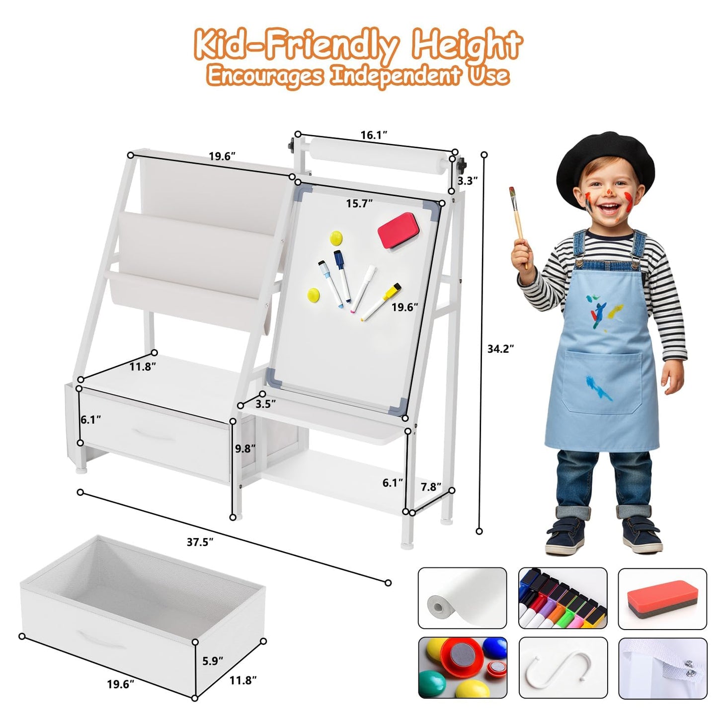 Faesun 4-in-1 Art Easel for Toddlers with Bookshelf and Toy Organizer, Kids Drawing Easel with Paper Roll & Magnetic Whiteboard, Birthday Gift for Ages 2–8, Boys & Girls