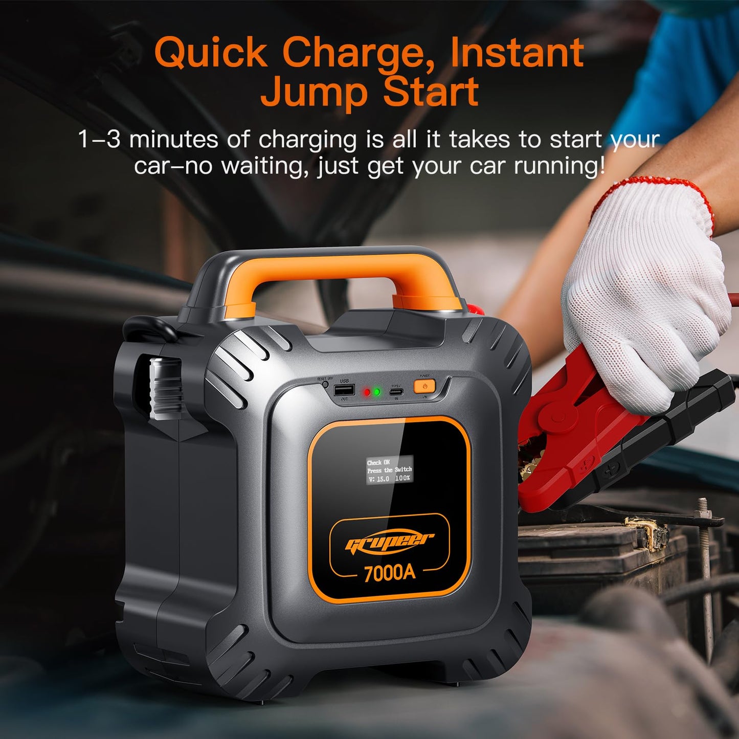 Grupeer GR7 7000Amp Jump Starter Powered by 6 * 3000F Super Capacitors, Batteryless Portable Jump Box, SuperSafe 12V Car Battery Booster Pack, Portable Charger and Jumper Cables for All 12V Car