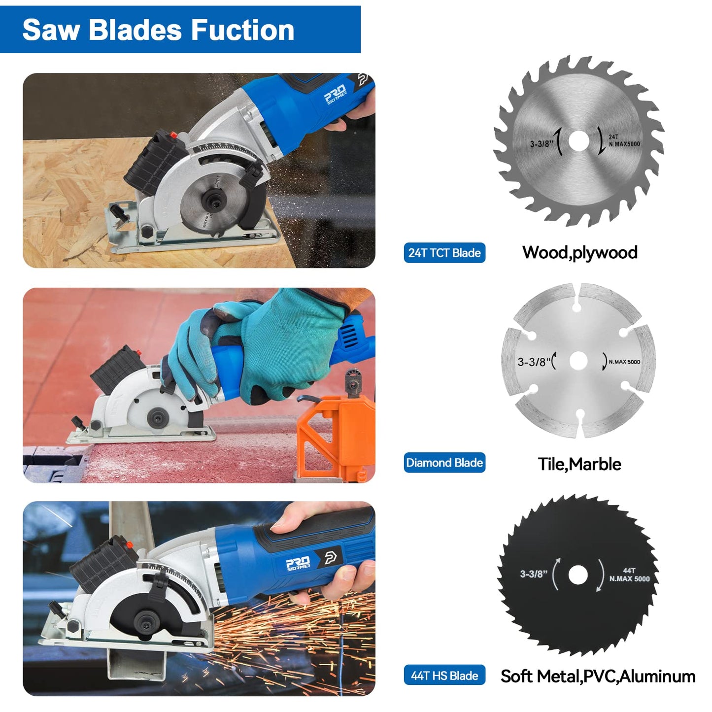 Mini Circular Saw, 3-3/8” 5000RPM Electric Compact Circular Saw, Laser Cutting Guide, with 6 Blades for Wood PVC, Metal,Tile Plastic