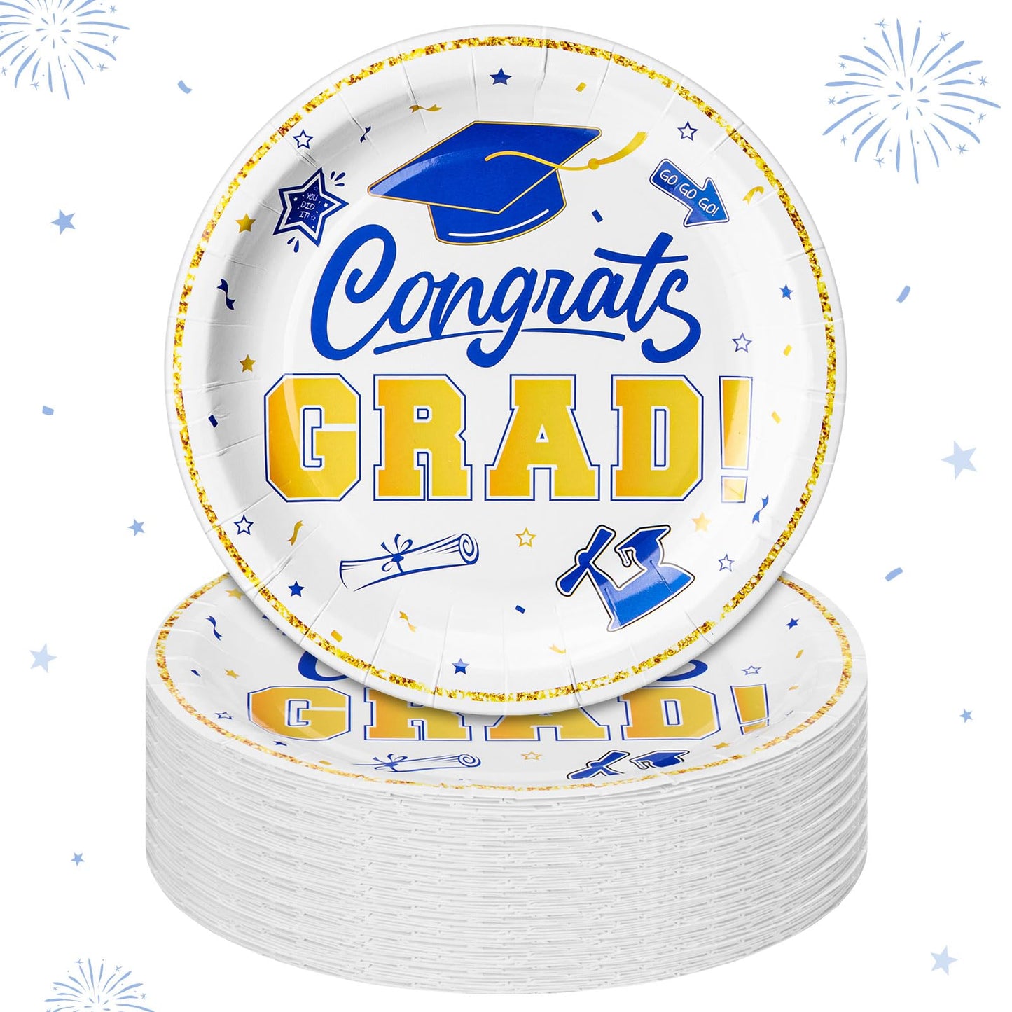 Sabary Blue White Gold 100 Pcs Graduation Paper Plates 2026 7 Inch Graduation Party Supplies Class of 2026 Decorations Congrats Grad Plates Disposable Plate Tableware (Classic)
