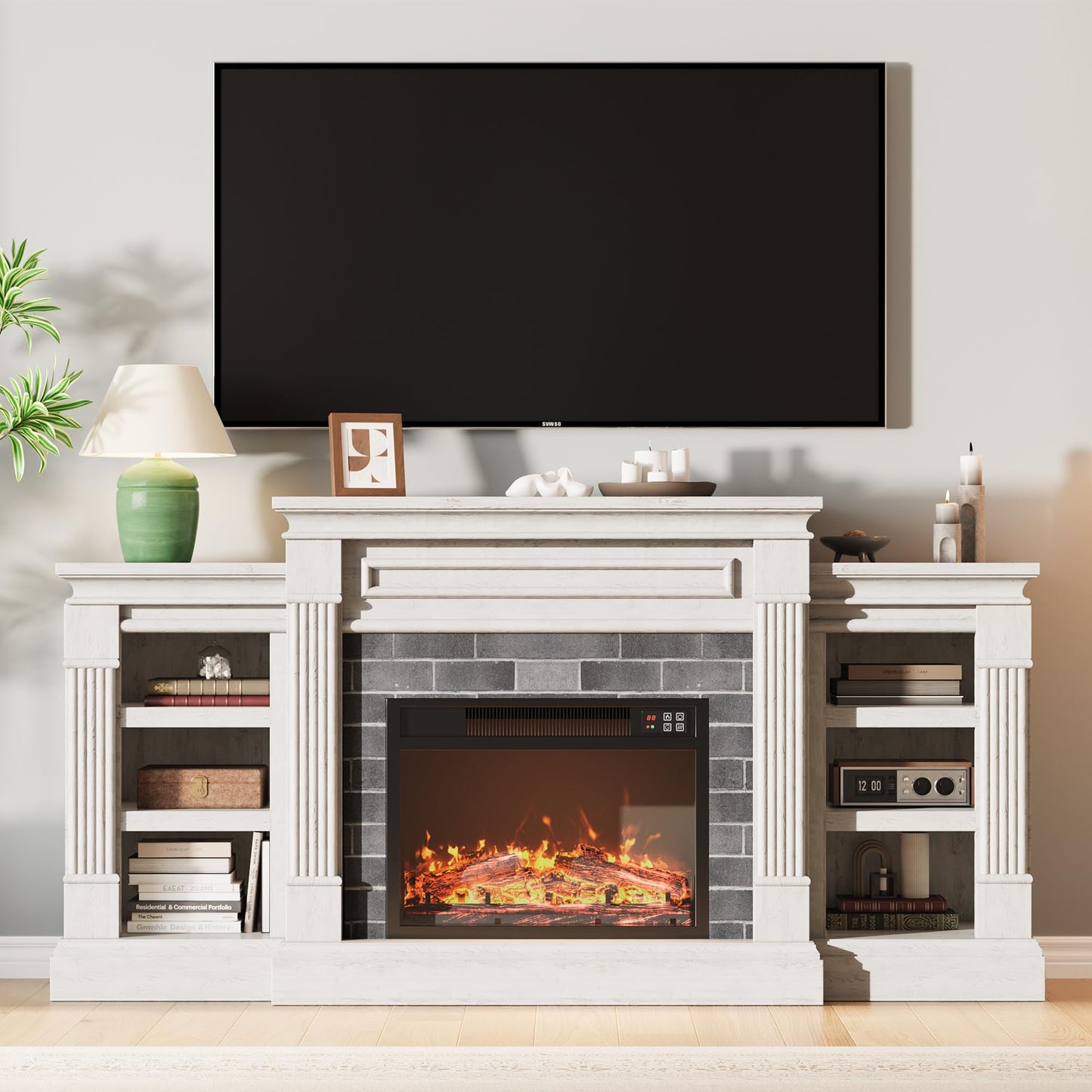 71'' Fireplace TV Stand with 23'' Electric Fireplace, Mid Century TV Console, Entertainment Center with Storage for Living Room, Bedroom