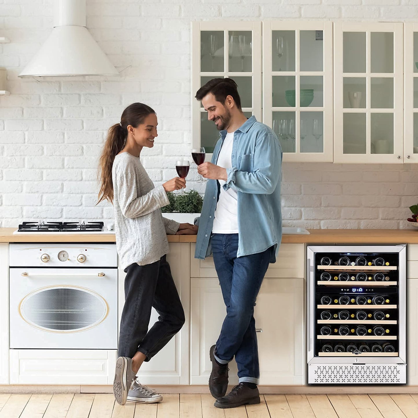 Tylza 24'' Wine Fridge, Dual Zone Wine Refrigerator, 54 Bottles, Lock, Glass Door, Built-in Compressor, 6 Adjustable Shelves, Undercounter or Freestanding, Wine Cooler Refrigerator for Home Bar Office